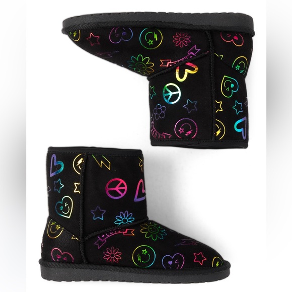 Girls Fun Shiny Emoji Black Doodle Chalet Boots Size 13 - Picture 3 of 12